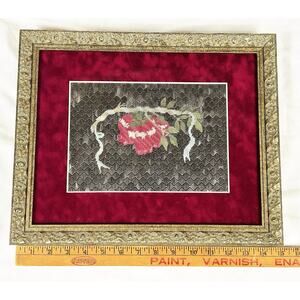 Embroidered Needlepoint Rose Framed Picture Velvet Mat Hand Stitched 15” x 12”￼